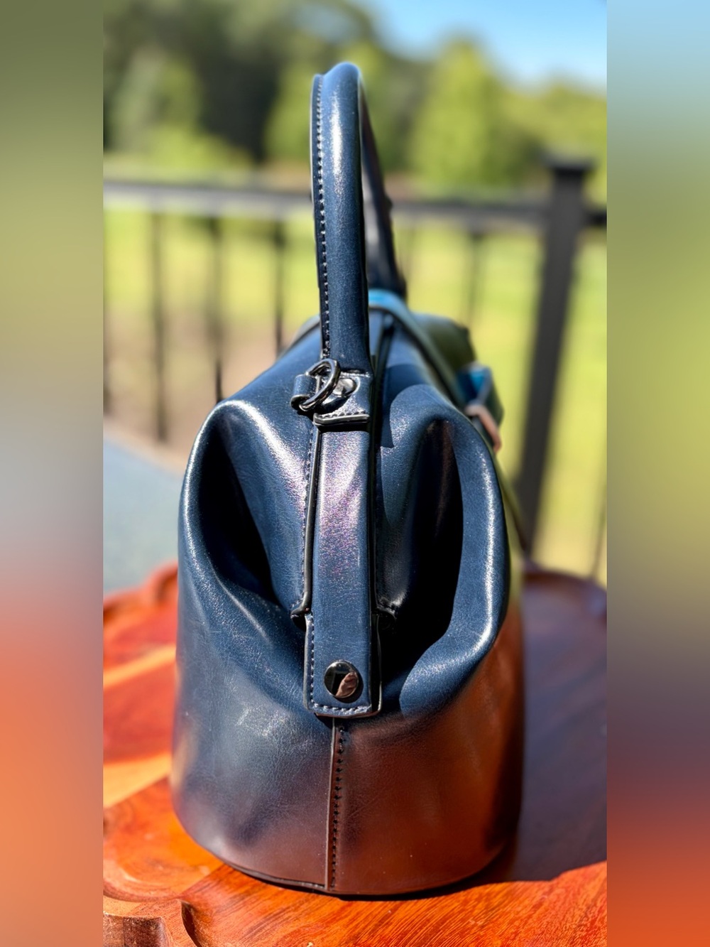 Doctor Bag Vintage-Style Blue Vegan Leather Top Handle Purse & Wallet Set - Picture 9 of 13